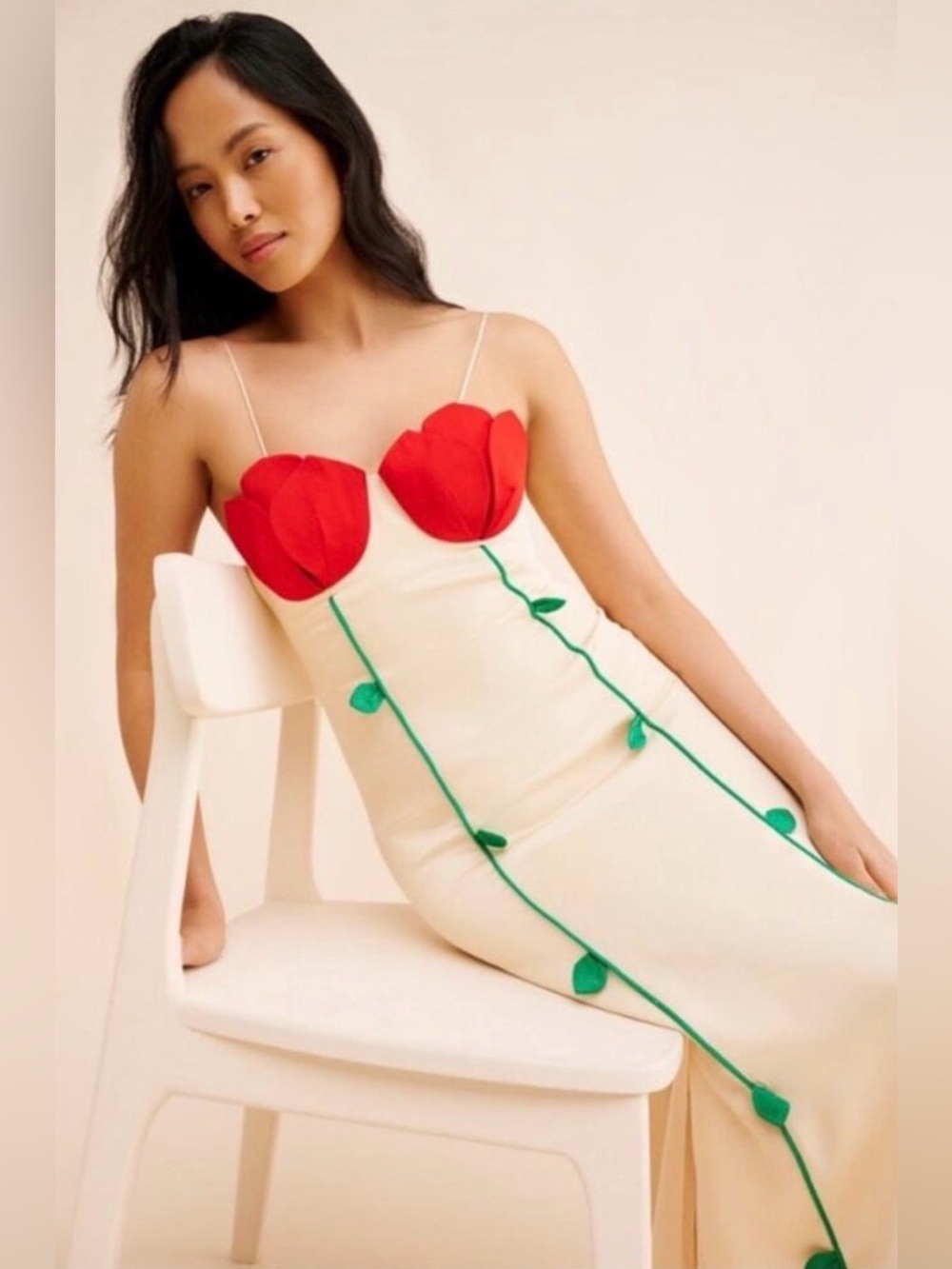 Red & Cream Floral Appliqué Slip Maxi Dress